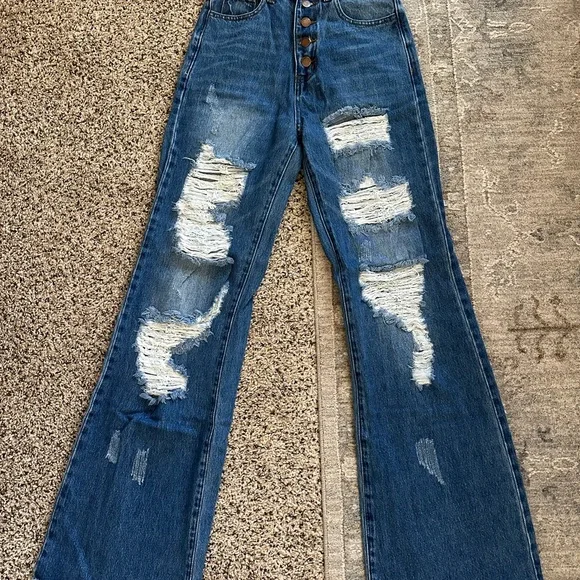 High-Rise Distressed Wide-Leg Jeans - Blue - Picture 1 of 3